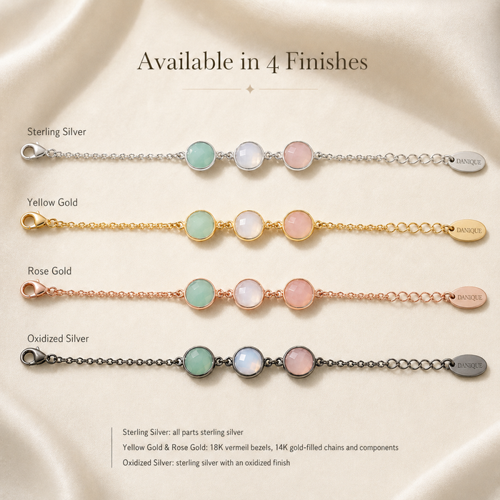 Personalized birthstone bracelet available in four finishes, including sterling silver, yellow gold, rose gold, and oxidized silver options.