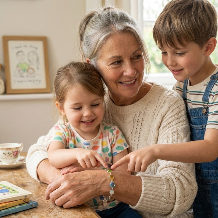 Grandmother wearing a custom family birthstone bracelet with grandchildren, a meaningful grandma bracelet gift with personalized gemstones.