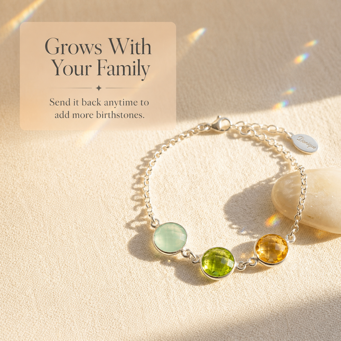 Birthstone bracelet that grows with your family, shown with text explaining customers can send it back later to add more stones.