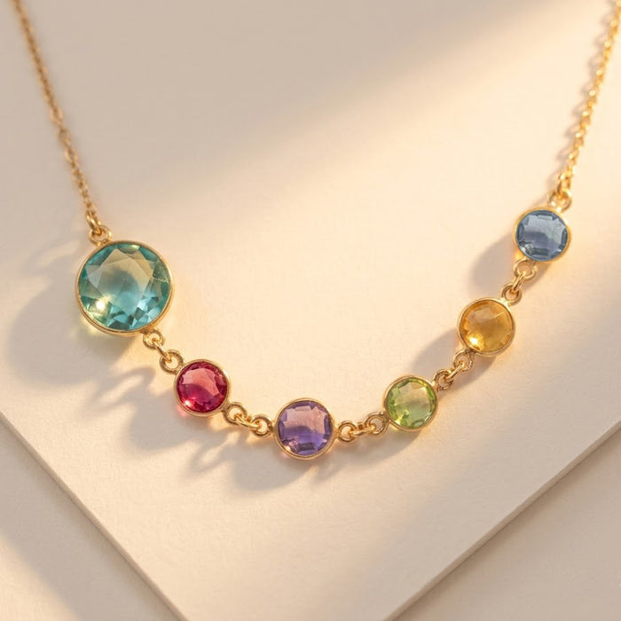 Personalized mother’s birthstone necklace with large center gemstone for mom and smaller colorful birthstones representing children in a meaningful family design