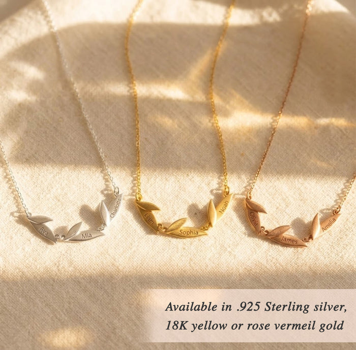 Personalized leaf necklace available in sterling silver, yellow gold, or rose gold, shown with engraved leaf charms for a meaningful custom jewelry gift.
