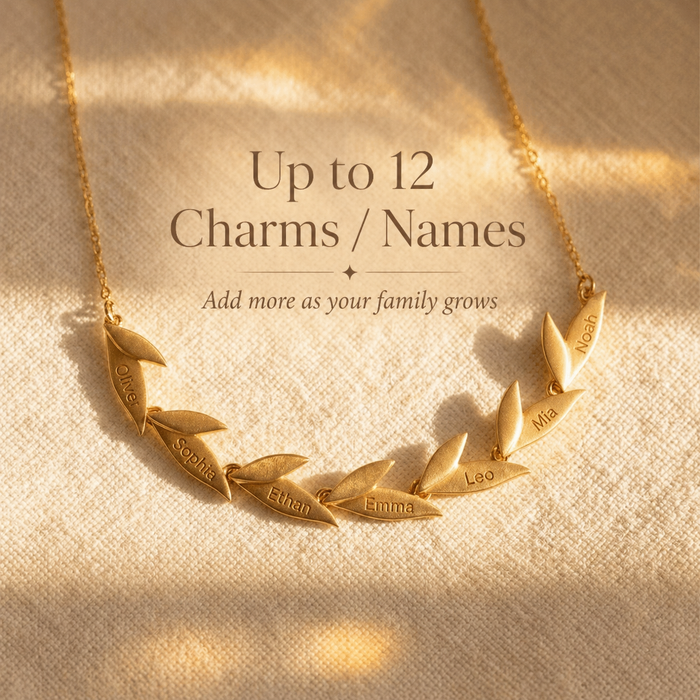 Custom leaf necklace with up to 12 charms and names, personalized family jewelry for mom, grandma, or grandmother gifts.