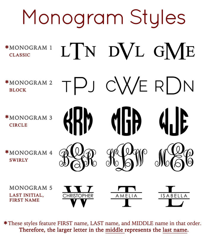 Choose from our monogram styles classic, block, circle, swirly and family to engrave on your phone bag