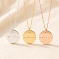 Personalized grandma disc necklace shown in sterling silver, yellow gold filled, and rose gold filled with lowercase script engravings for grandma, mimi, and nana.