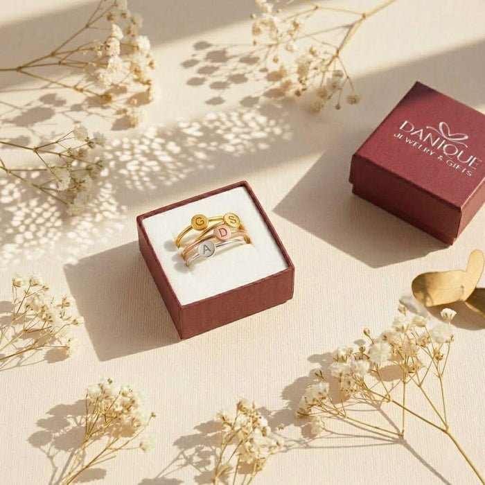 Custom letter stacking ring thin band engraved jewelry gift in danique jewelry branded box