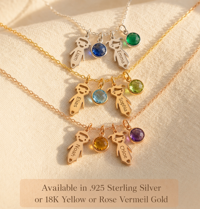 Custom mom necklace shown in sterling silver, yellow gold, and rose gold finishes with birthstones.