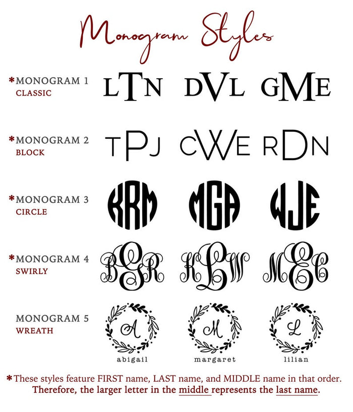 Select from our preset monogram options for this phone cover. Classic, block, circle, swirly and wreath monograms all available.