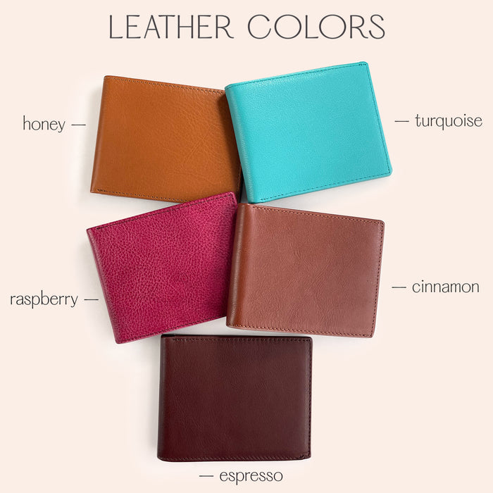 Personalized leather wallets available in multiple colors including honey, cinnamon, espresso, raspberry, and turquoise. Each custom engraved wallet can feature monogram initials, handwriting, GPS coordinates, or meaningful text. These custom wallets for men make thoughtful engraved wallets for Father’s Day, birthdays, Christmas, or groomsmen gifts. Handcrafted natural leather personalized gifts for him.