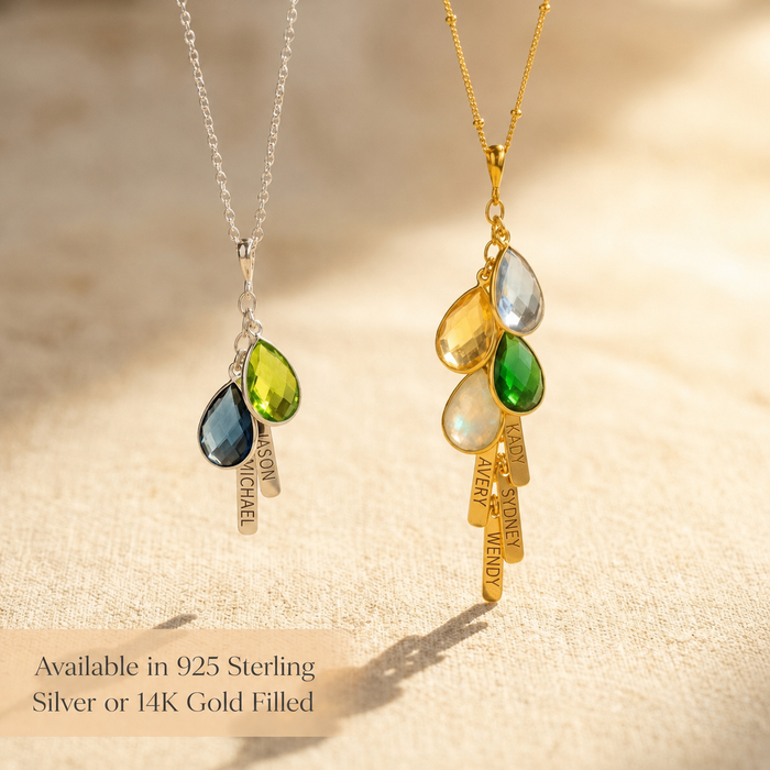 Family birthstone necklace with name engraved bar charms representing children or loved ones in sterling silver or yellow gold
