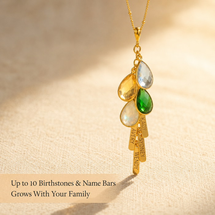 Dainty birthstone necklace for mom shown on a model, customized with kids’ names and birth months.