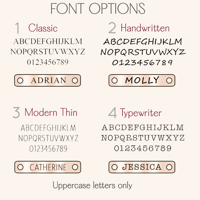 font options chart for personalized tiny bar bracelet showing four engraving styles labeled 1 Classic, 2 Handwritten, 3 Modern Thin and 4 Typewriter, each with full uppercase alphabet and numbers plus sample name plates reading Adrian, Molly, Catherine and Jessica on rose gold bar, uppercase letters only note at bottom, helpful guide for choosing lettering style when customizing a tiny bar bracelet, monogram bracelet or engraved nameplate jewelry gift for her