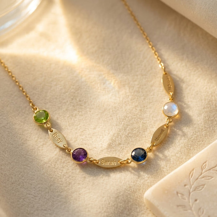 Personalized mom necklace with name charms and birthstones, custom family necklace with engraved gold bar charms and colorful gemstones.