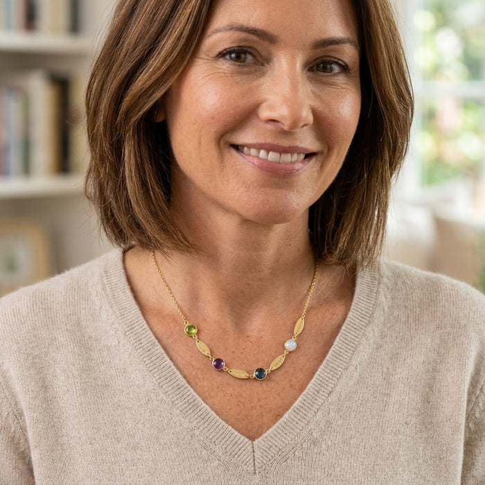 Model wearing personalized name and birthstone necklace for mom, custom family jewelry with children’s names and birthstone charms.