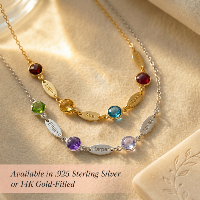 Custom mother’s necklace with engraved name charms and birthstones, available in sterling silver or 14K gold filled.