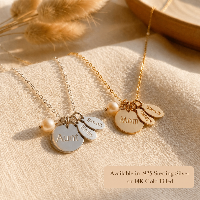Sterling silver and gold personalized mother necklaces with pearl and name tags