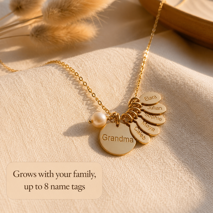 Grandma necklace with engraved grandchildren name charms and freshwater pearl