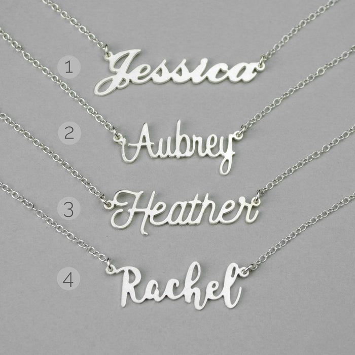 custom name necklace silver script name necklace examples jessica aubrey heather rachel personalized jewelry