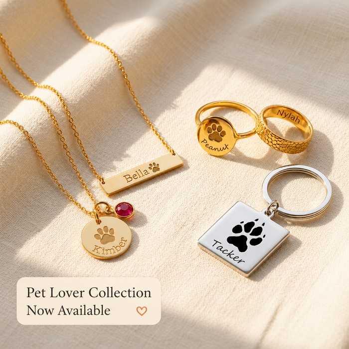 Paw print keepsake necklaces, rings and keychain image with “Pet Lover Collection Now Available” text, sentimental memorial jewelry for pet loss.