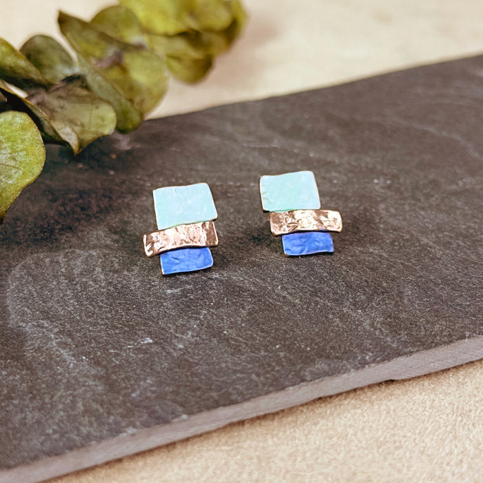 Personalized Stacked Square Stud Earrings – Custom Multicolor Geometric Earrings, Silver, Gold or Rose Gold Post Earrings for Women