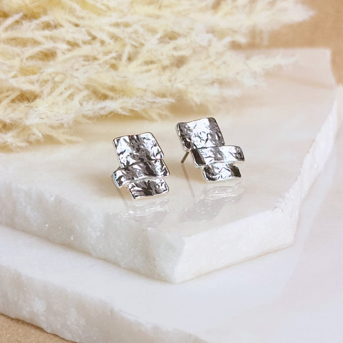 Personalized Stacked Square Stud Earrings – Custom Multicolor Geometric Earrings, Silver, Gold or Rose Gold Post Earrings for Women