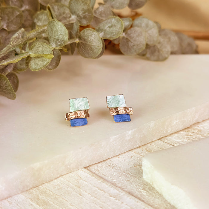 Personalized Stacked Square Stud Earrings – Custom Multicolor Geometric Earrings, Silver, Gold or Rose Gold Post Earrings for Women
