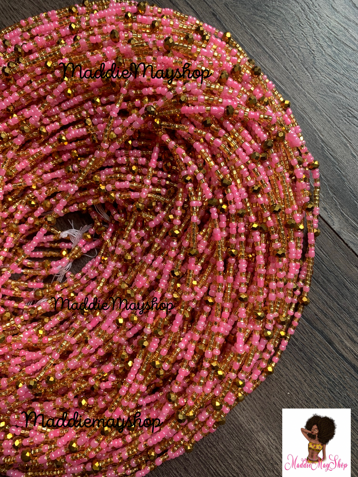Pink and Bronze Crystal Waist Beads – Handmade Tie-On Body Jewelry for Women- 45"- 50"