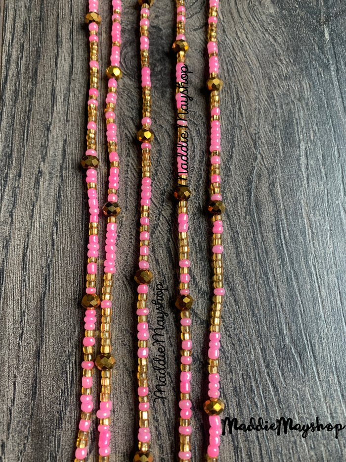 Pink and Bronze Crystal Waist Beads – Handmade Tie-On Body Jewelry for Women- 45"- 50"