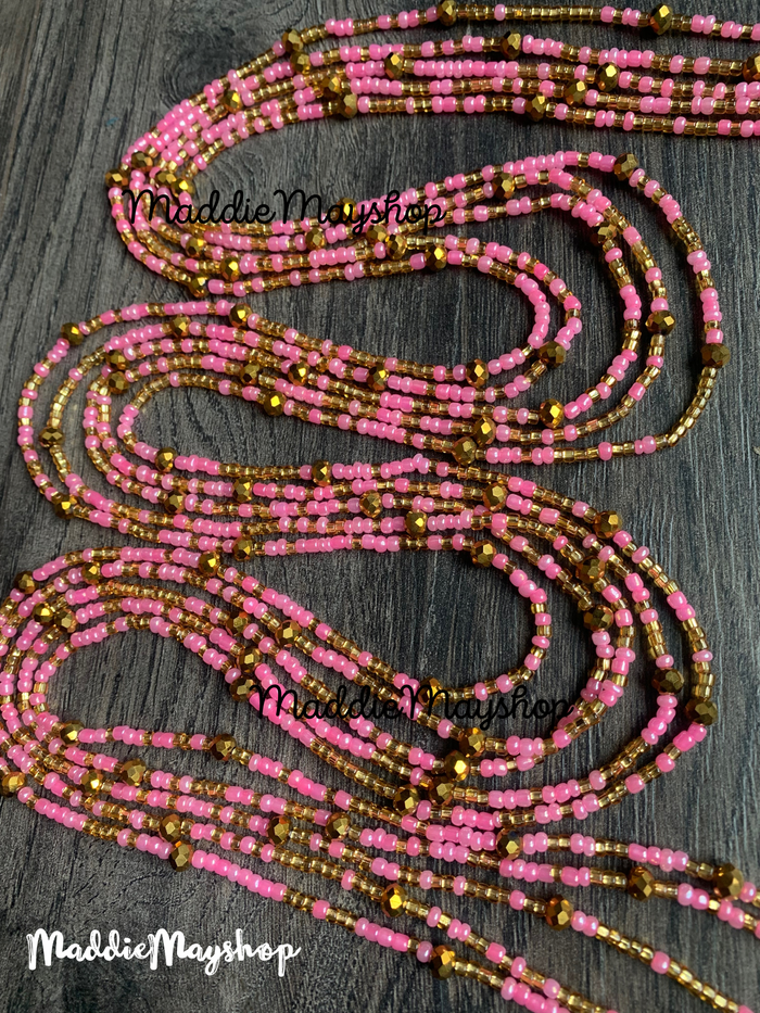 Pink and Bronze Crystal Waist Beads – Handmade Tie-On Body Jewelry for Women- 45"- 50"