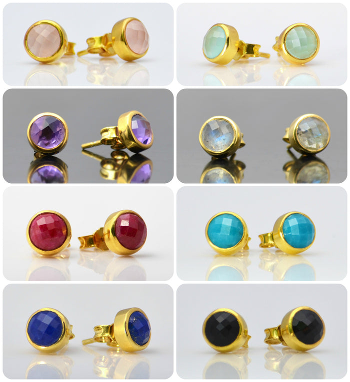 Pink Chalcedony Small Round Bezel Set Stud Earrings - October Birthstone Earrings