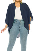 Plus Size Solid Casual Cardigan Loose Fit Kimono Sleeve (Navy)