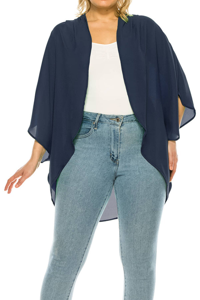 Plus Size Solid Casual Cardigan Loose Fit Kimono Sleeve (Navy)