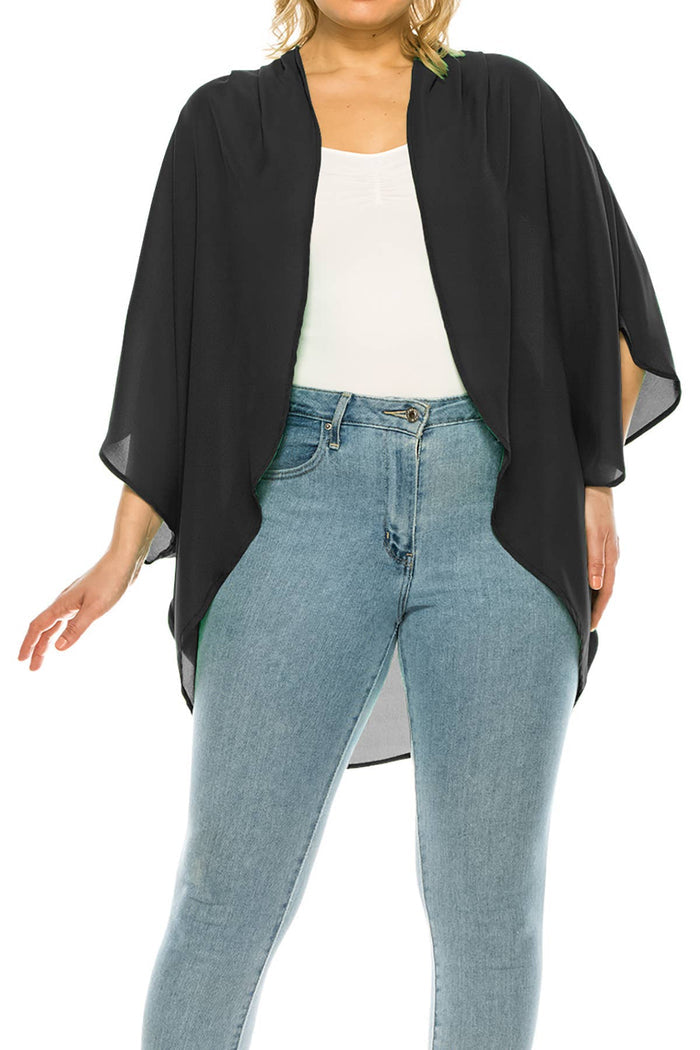 Plus Size Solid Casual Cardigan Loose Fit Kimono Sleeve (Navy)