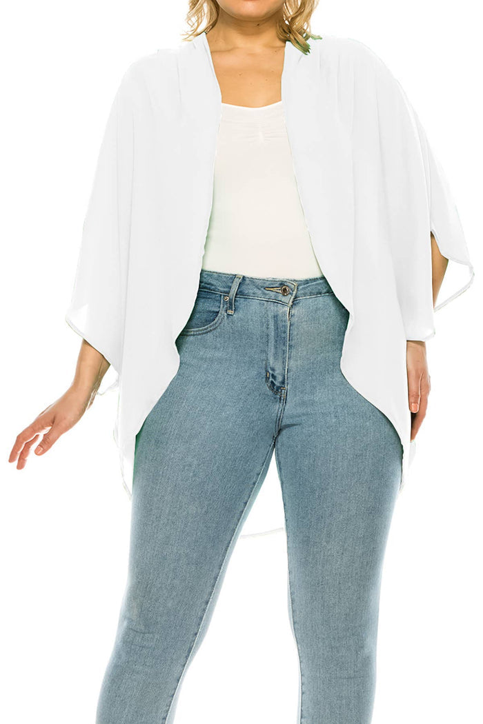 Plus Size Solid Casual Cardigan Loose Fit Kimono Sleeve (Navy)