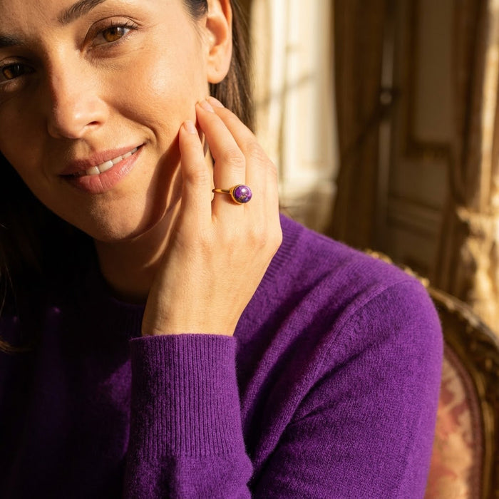 Purple Mohave turquoise statement ring worn by model, oval bezel set cabochon gemstone ring in sterling silver or gold vermeil, bold artisan jewelry