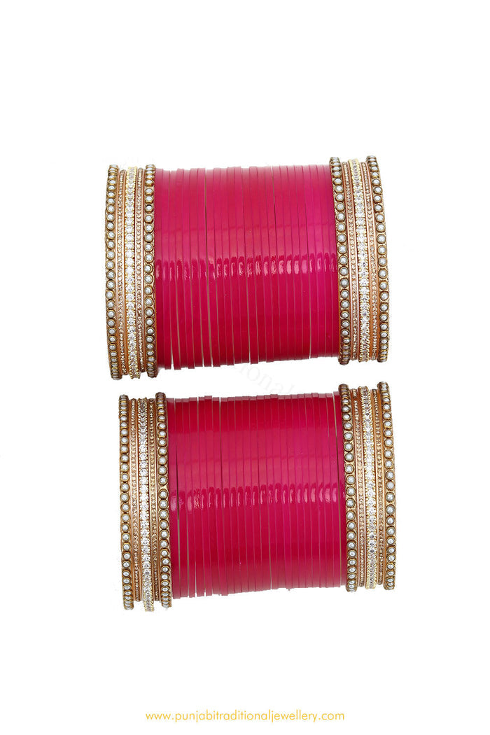 Raani Pink Colour American Diamond Pearl Bridal Chura By PTJ