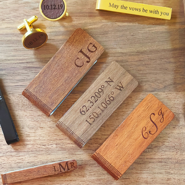 Wood selection chart for personalized gifts, showing walnut, cherry, maple, and other wood types. Helps customers choose the perfect material for engraved accessories such as money clips, tie clips, cufflinks, or keepsake boxes. Ideal for weddings, anniversaries, graduations, and Father’s Day gifts.