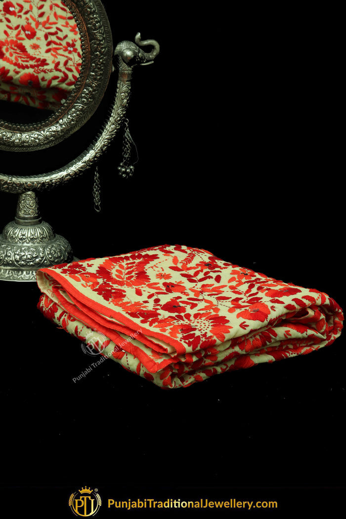 Red Color Pure Phulkari Dupatta By Punjabi Traditional Jewellery