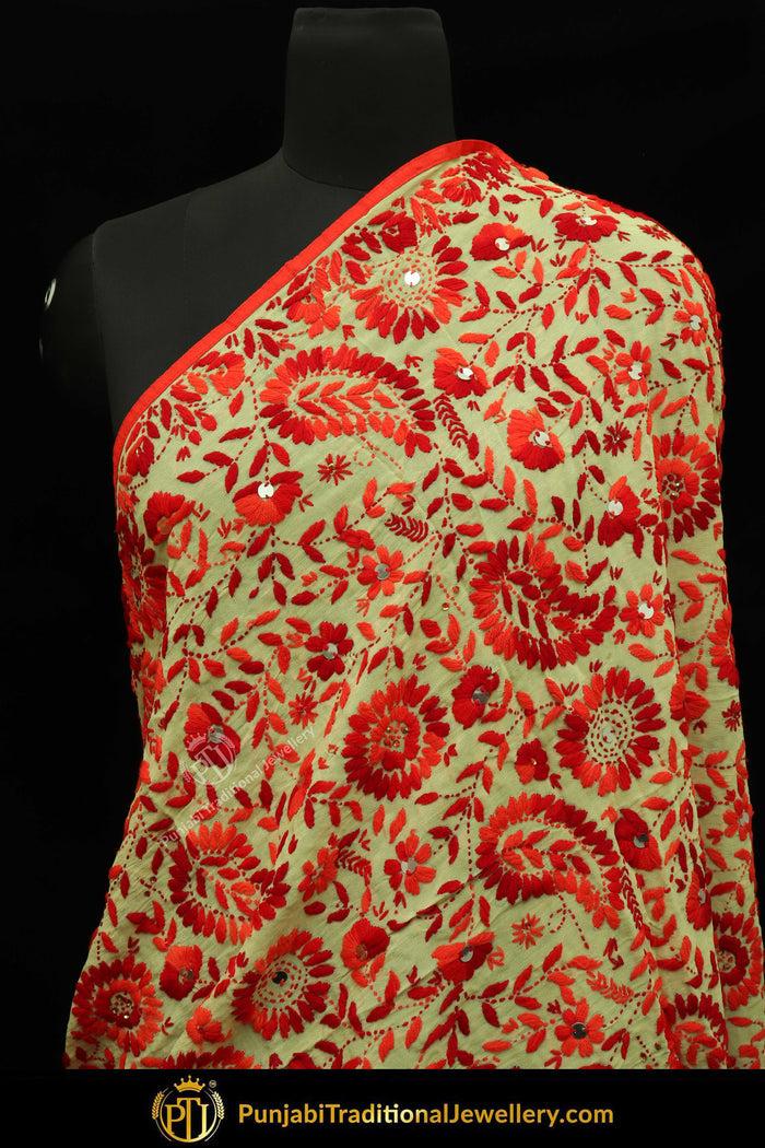 Red Color Pure Phulkari Dupatta By Punjabi Traditional Jewellery