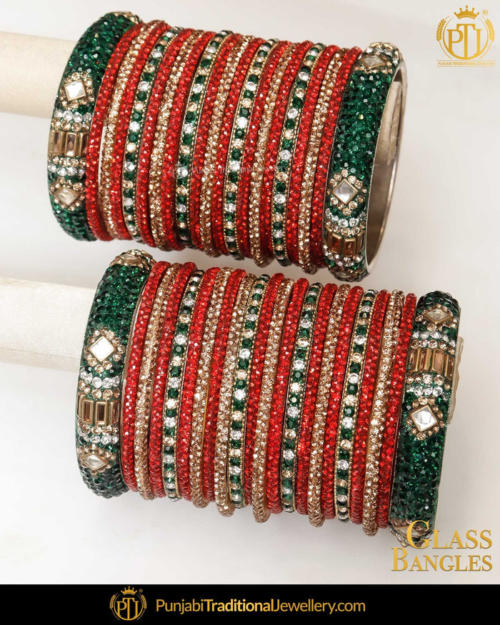 Red & Green Jerken (For Both Hands) Glass Bangles Set | Punjabi Traditional Jewellery Exclusive