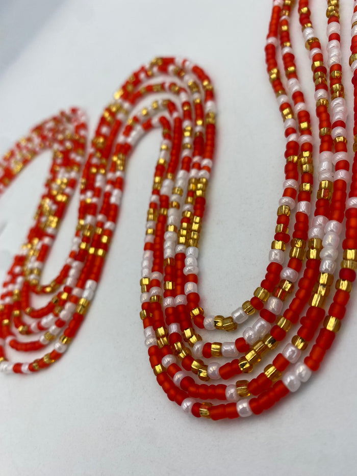 Red White & Gold Waist Beads Tie On 45–50 Inches | Handmade Waist Beads for Women