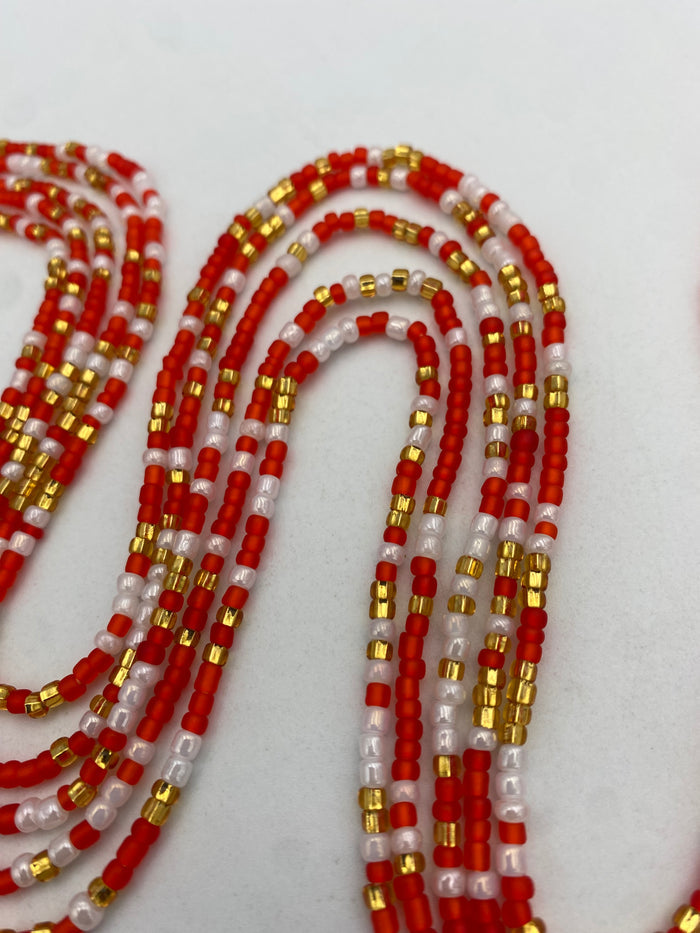 Red White & Gold Waist Beads Tie On 45–50 Inches | Handmade Waist Beads for Women
