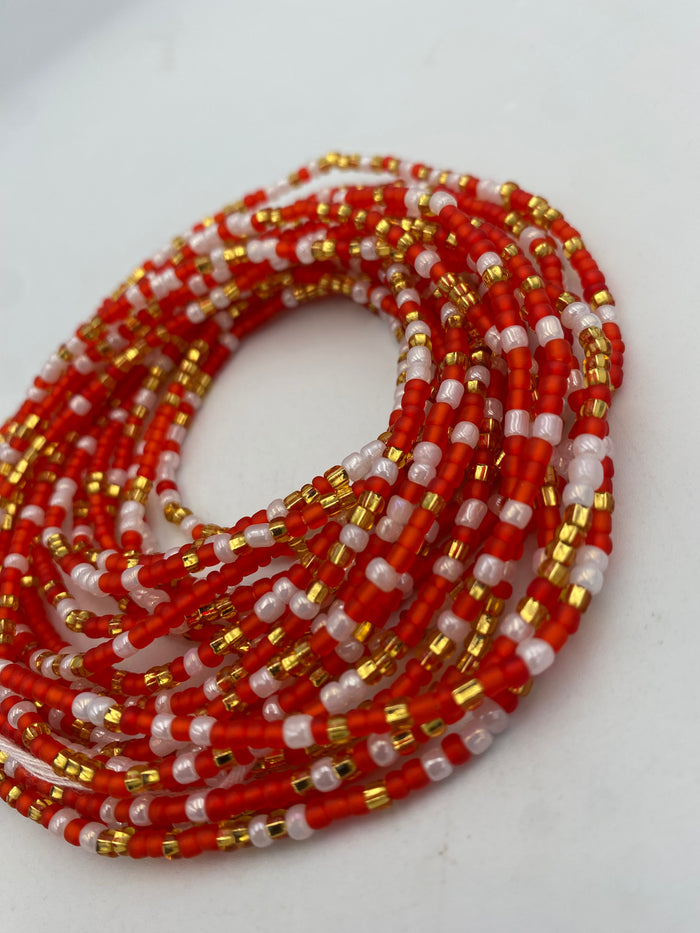 Red White & Gold Waist Beads Tie On 45–50 Inches | Handmade Waist Beads for Women