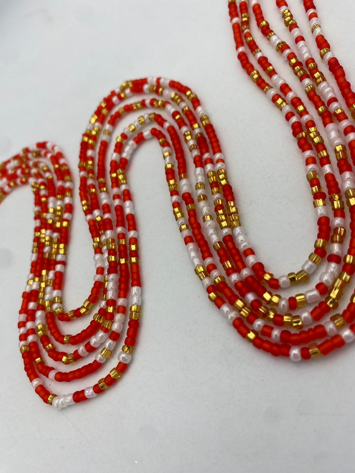Red White & Gold Waist Beads Tie On 45–50 Inches | Handmade Waist Beads for Women