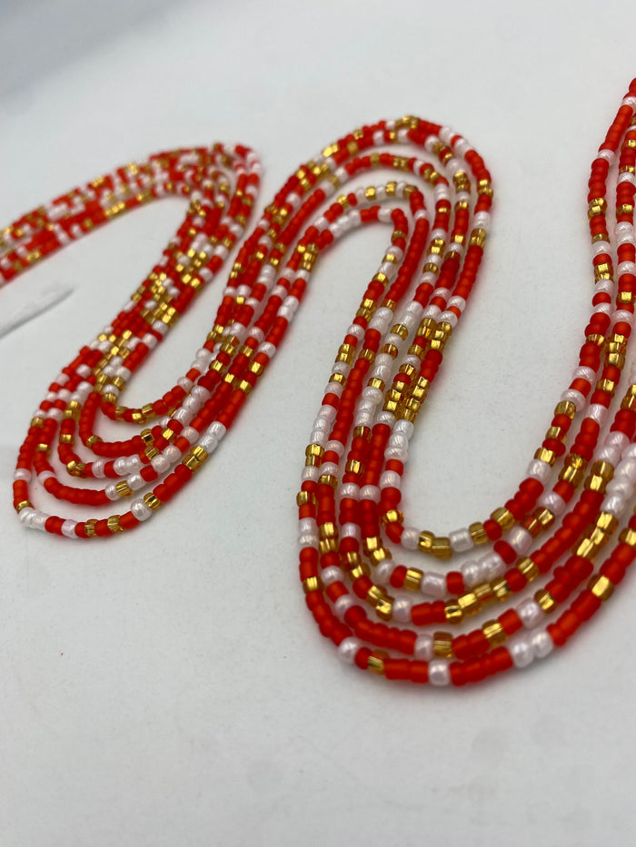 Red White & Gold Waist Beads Tie On 45–50 Inches | Handmade Waist Beads for Women