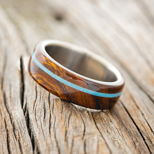 "REMMY" - IRONWOOD & TURQUOISE WEDDING RING - TITANIUM - SIZE 11 1/4-2