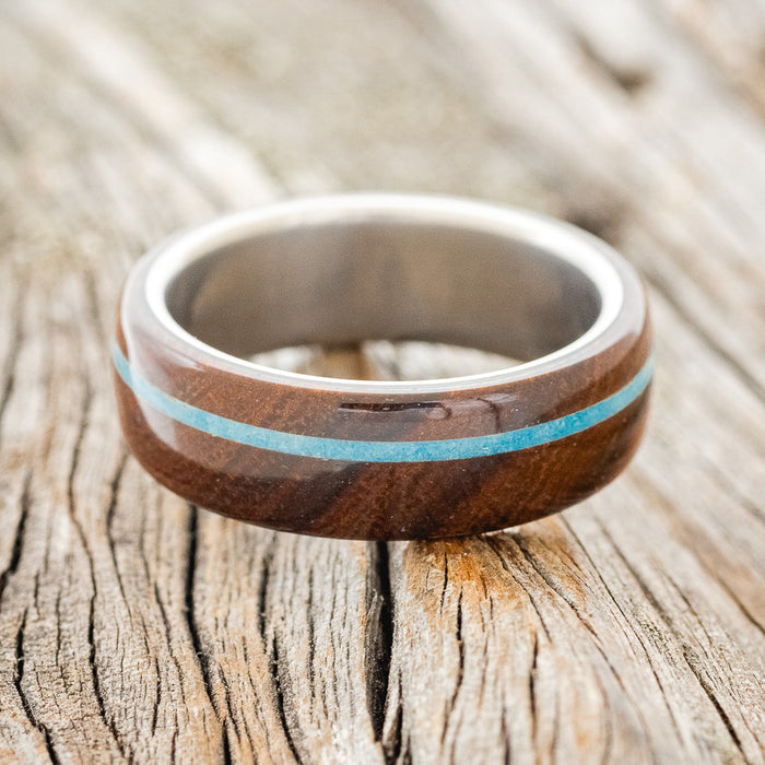 "REMMY" - IRONWOOD & TURQUOISE WEDDING RING - TITANIUM - SIZE 11 1/4-3