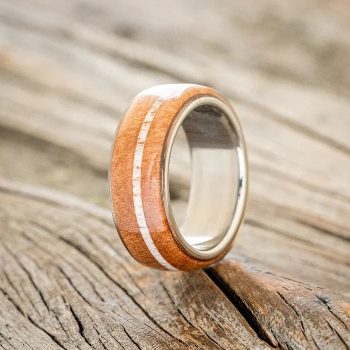 "REMMY" - REDWOOD & ANTLER WEDDING RING - TITANIUM - SIZE 7 1/4-Staghead Designs