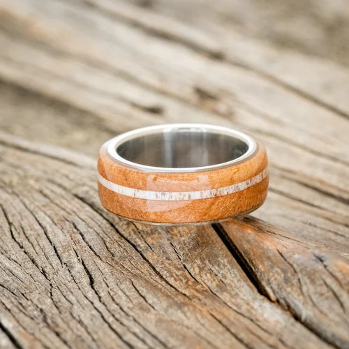 "REMMY" - REDWOOD & ANTLER WEDDING RING - TITANIUM - SIZE 7 1/4-Staghead Designs