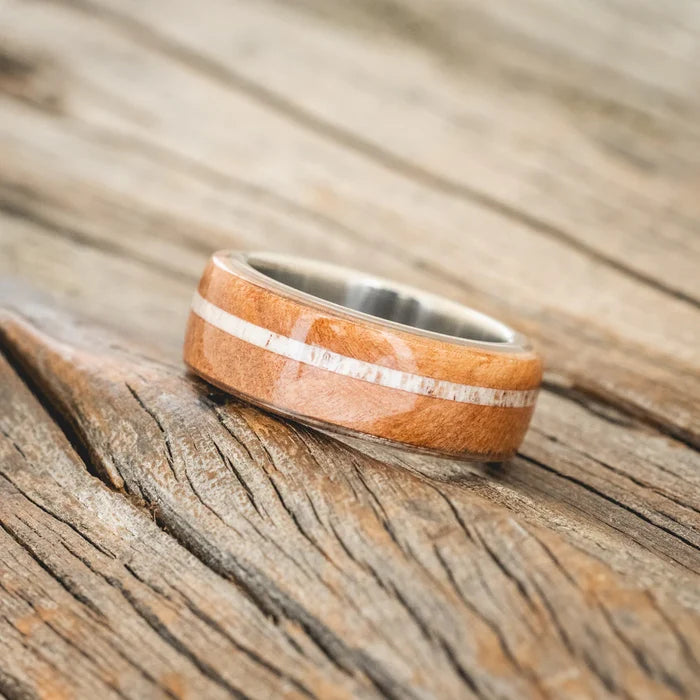 "REMMY" - REDWOOD & ANTLER WEDDING RING - TITANIUM - SIZE 7 1/4-Staghead Designs