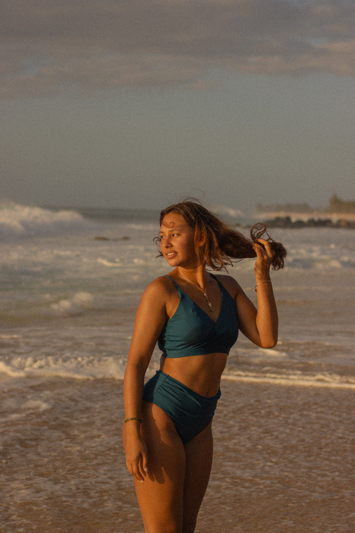 Riley Wrap Bikini Top | Midnight V Neck Full Coverage Swimsuit